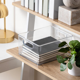 iDesign Stackable two-pack maximizes vertical storage in tight areas.