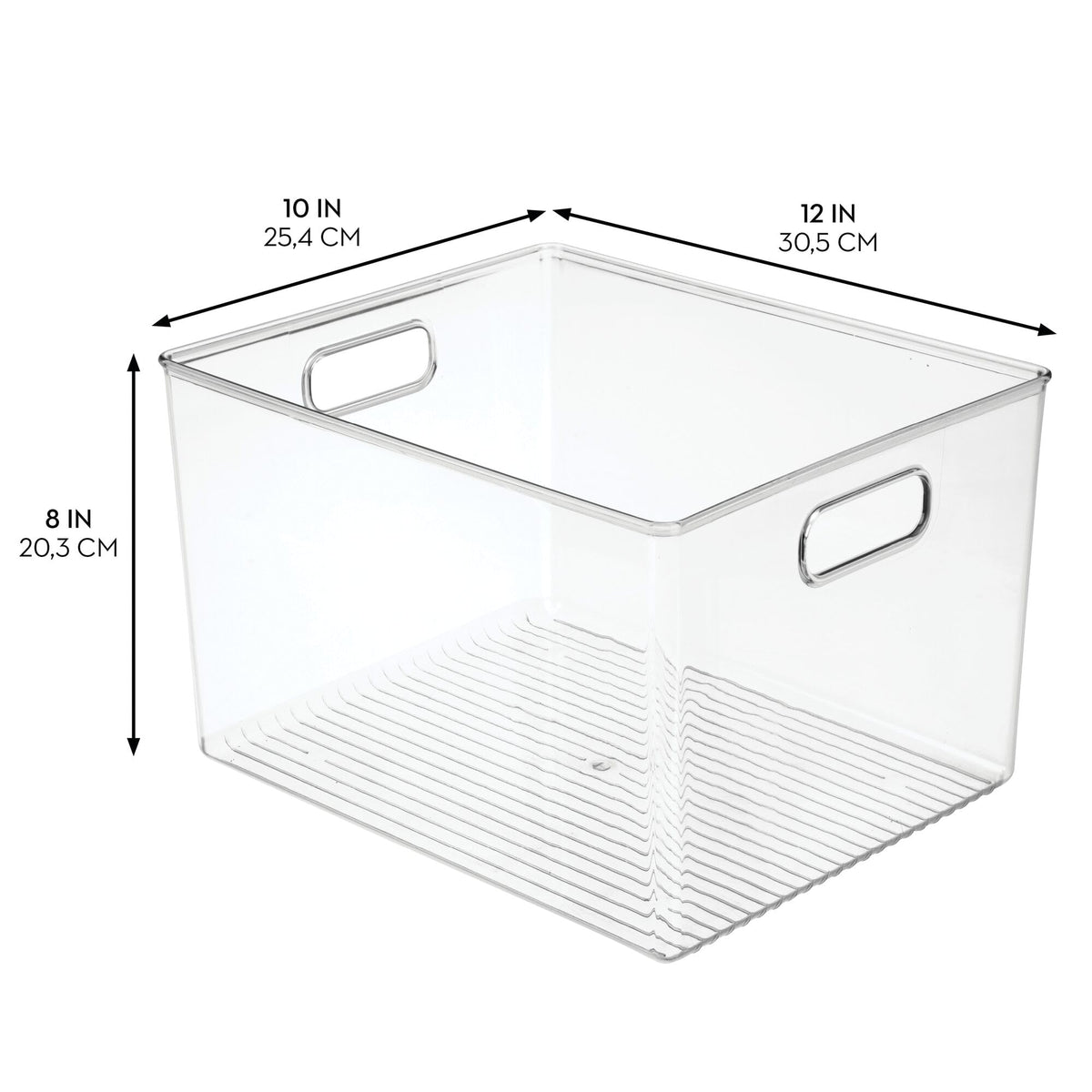 iDesign Linus Binz with easy-grip handles enabling portable pulling from shelves.