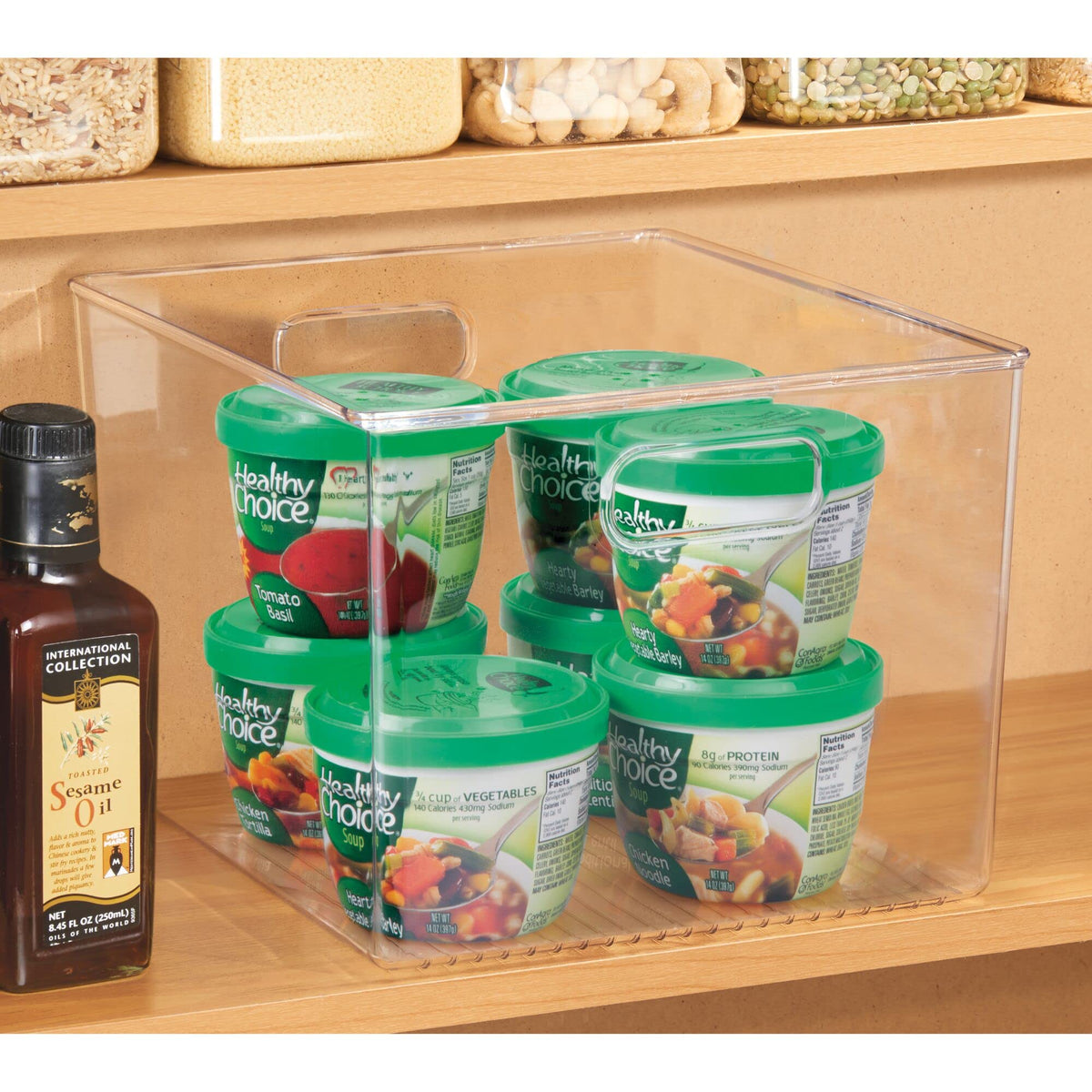 iDesign Linus Binz in pantry storage to maximize space utilization.