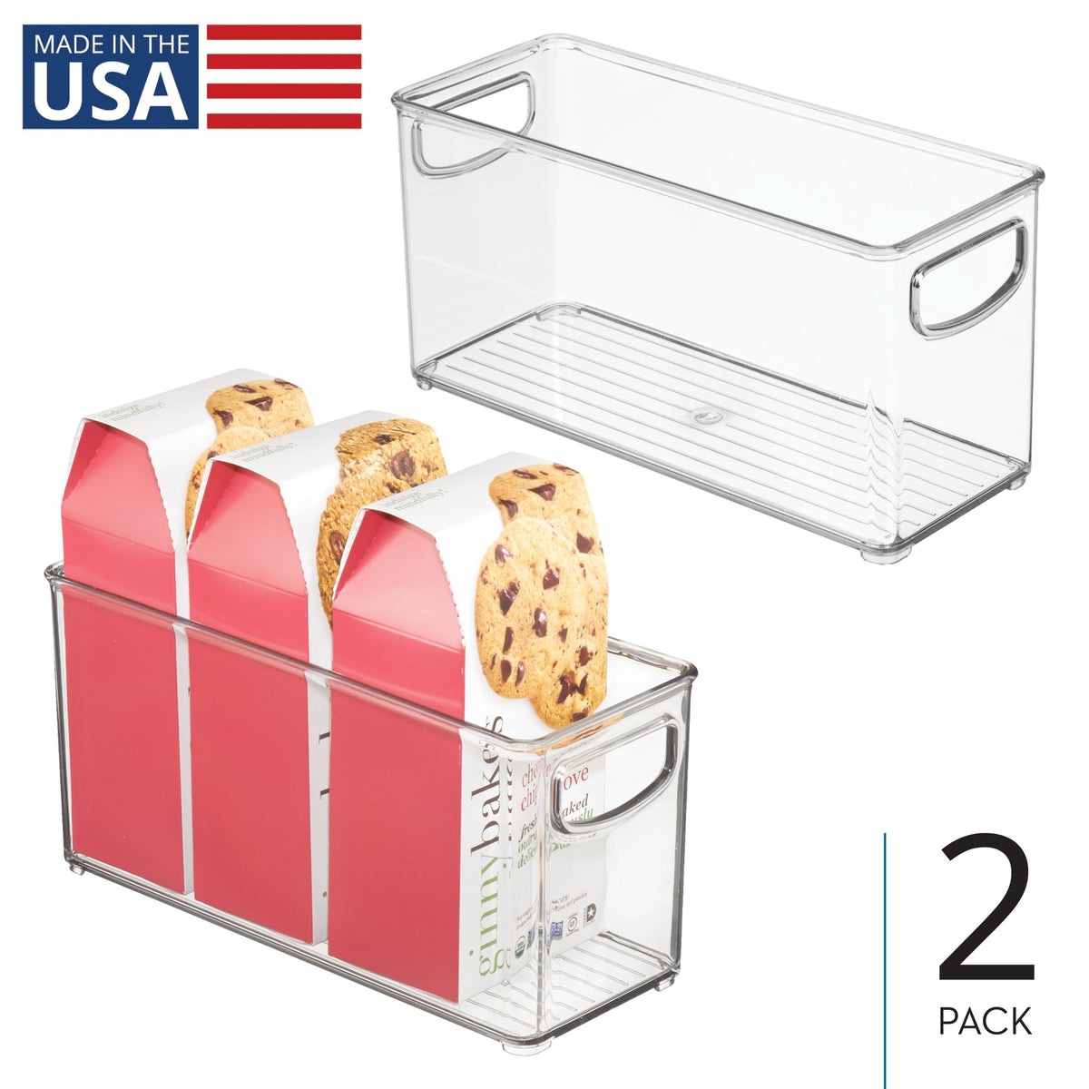 idesign Linus clear bin with handles easy pull from tight shelves.