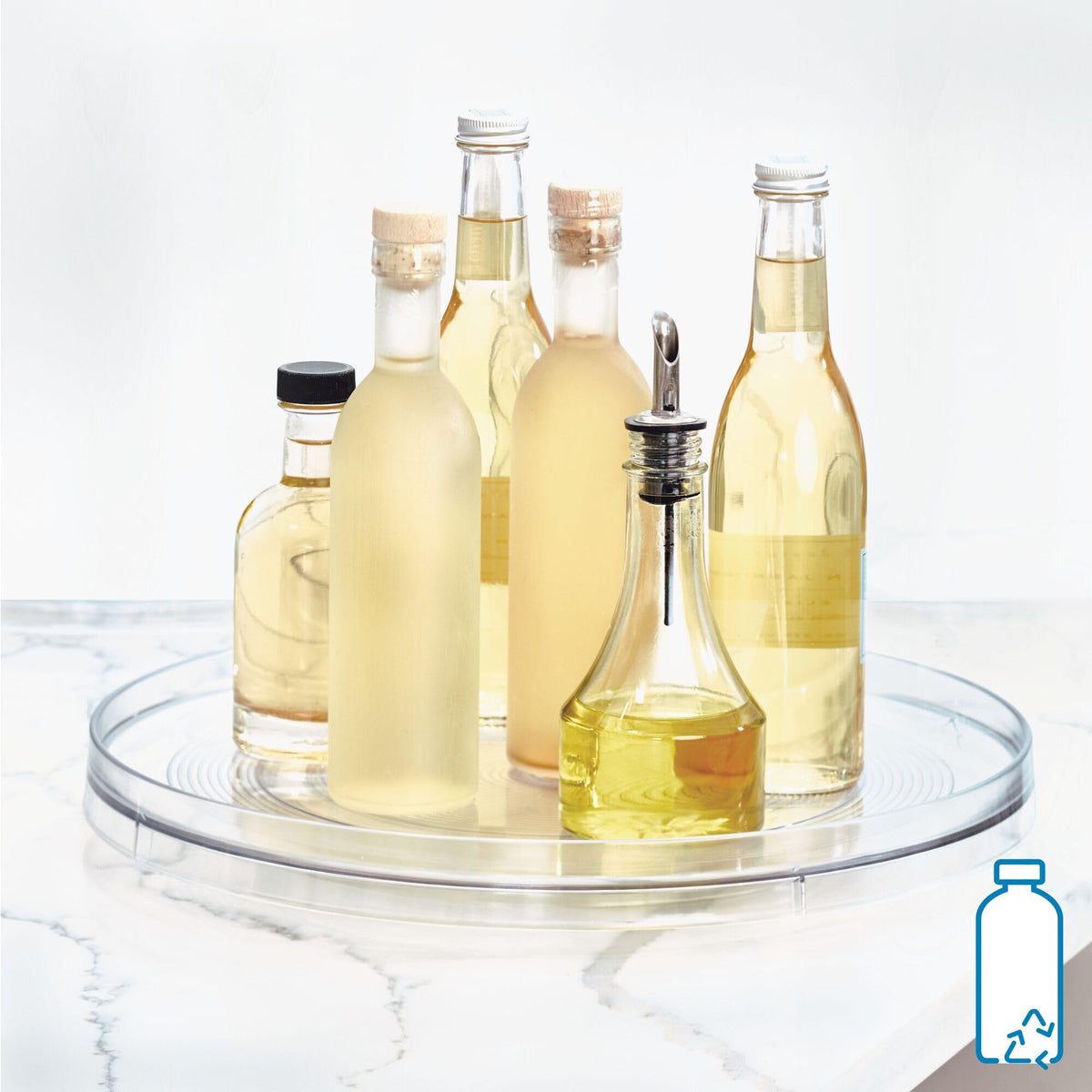 iDesign Linus Lazy Susan holds condiments for fast kitchen access