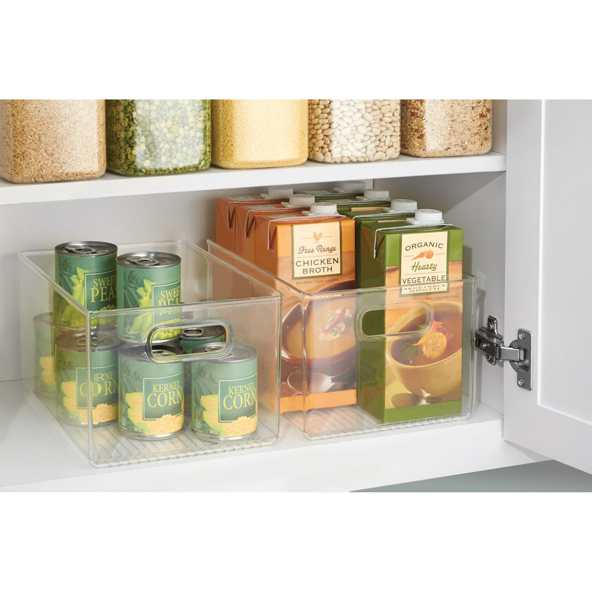 iDesign Linus pantry bin shows see-through plastic for quick content checks