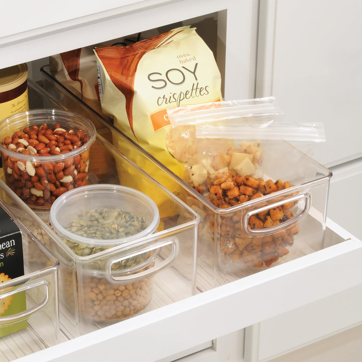 iDesign pantry bin inside cabinet keeps boxed foods organized and easy to reach