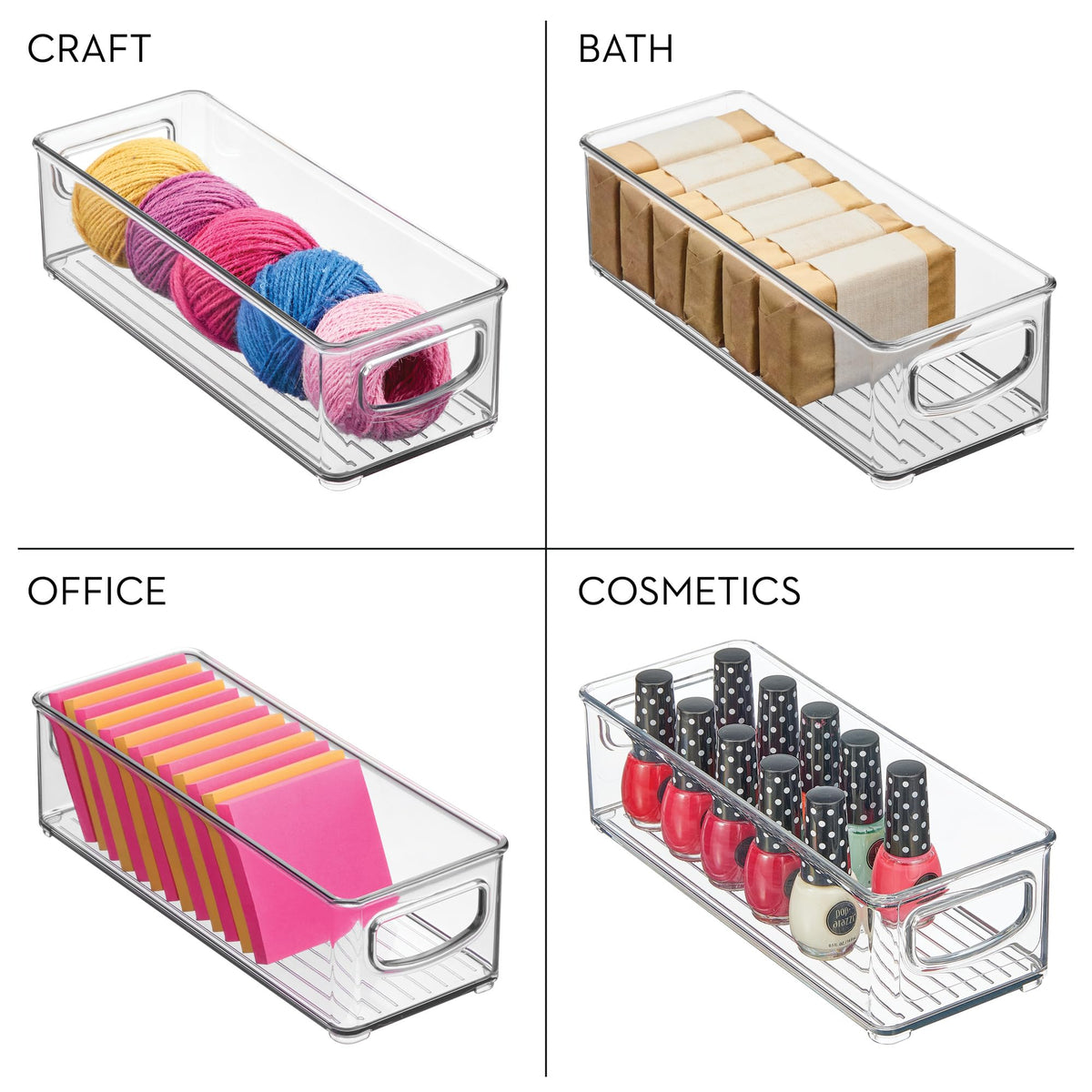 iDesign Pantry Bin transparent design helps spot snacks at a glance.