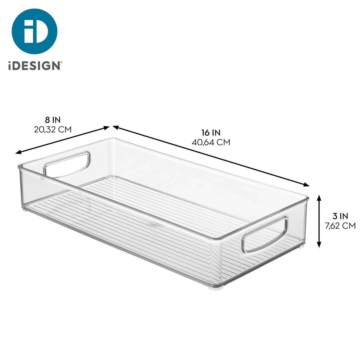 iDesign rectangular bin for shelves provides visibility and quick access to tools.