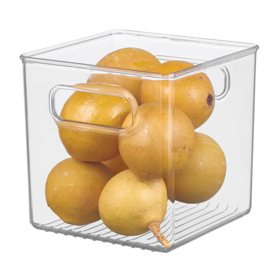 iDesign recycled plastic kitchen storage bin front view with easy grip handles for pantry use.