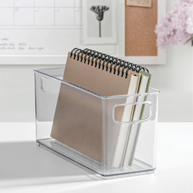 Idesign Slim clear bin cleaning products organized and reachable.