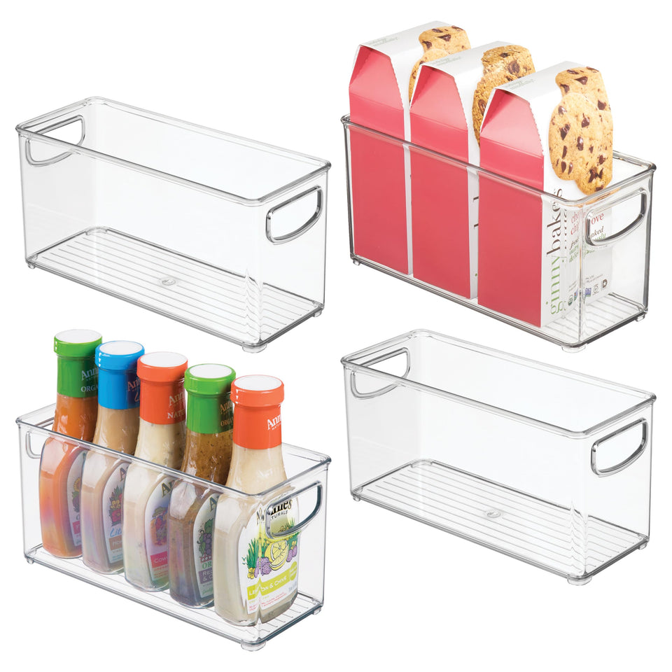 Idesign Slim clear bin in spice cabinet for quick access.