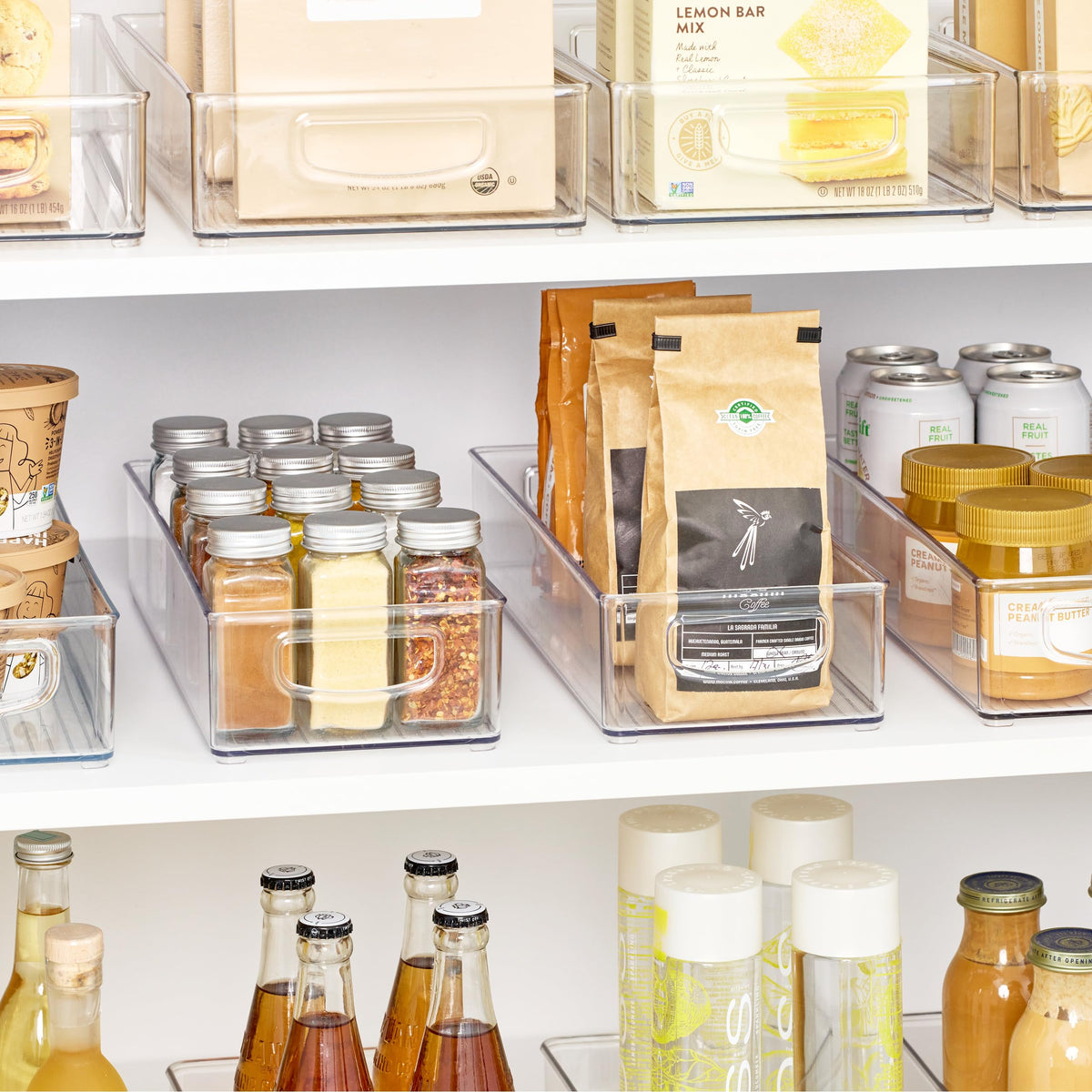 iDesign Slim bin stackable on a shelf to maximize space