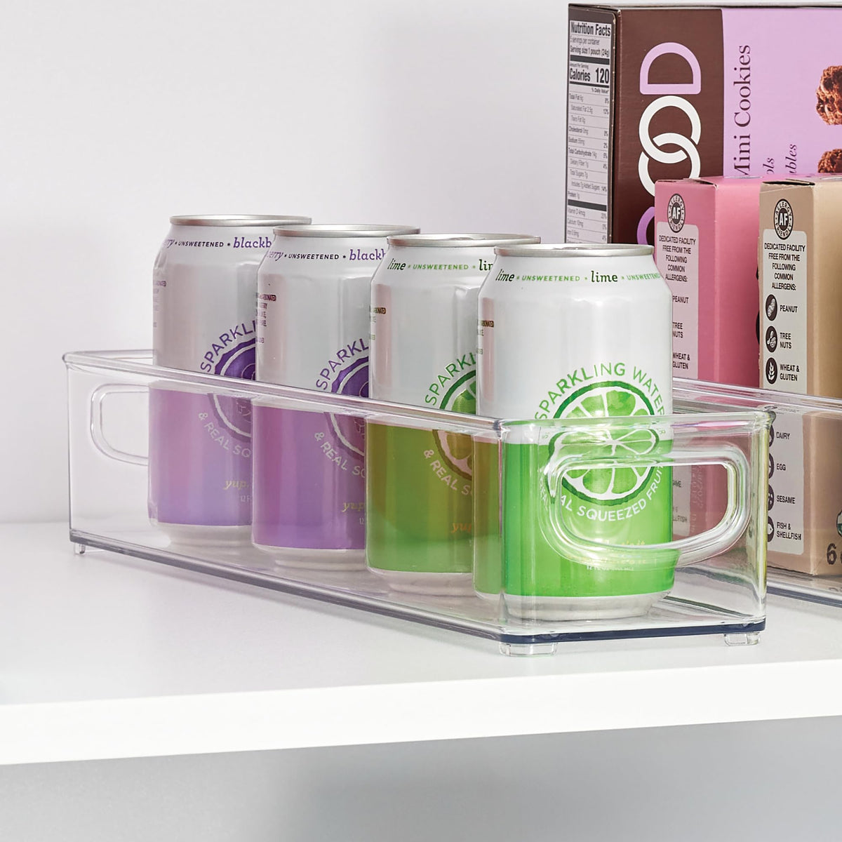 iDesign Slim storage bin pantry setup with multiple bins in a row