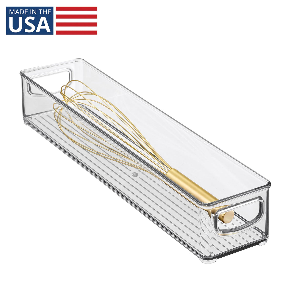 iDesign Slim storage bin stackable clear side view for compact shelving