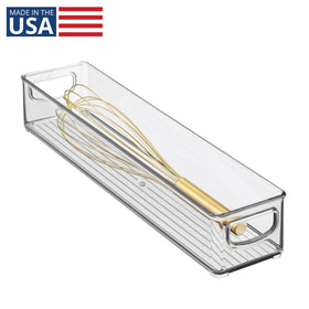 iDesign Slim storage bin stackable clear side view for compact shelving