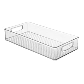 iDesign space-saving storage bin helps reduce clutter in tight cabinets.