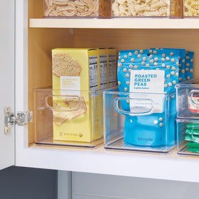 iDesign stackable clear bin shown stacked, maximizing cabinet space