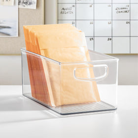idesign Stackable Clear Bin Office holds stationery and gadgets in view.