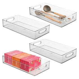 idesign stackable clear plastic storage bin for pantry shelves, maximizing space