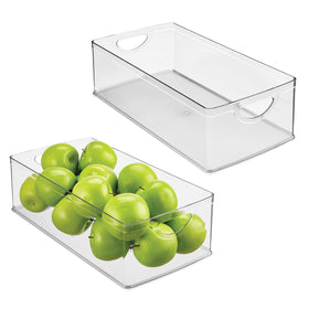 iDesign stackable extra-long clear bin for deep cabinets keeps items visible and accessible.