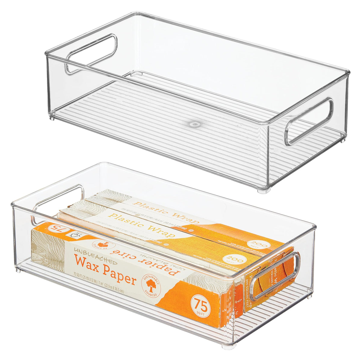 iDesign Stackable Fridge Bin 2-pack keeps items neatly organized in the fridge.