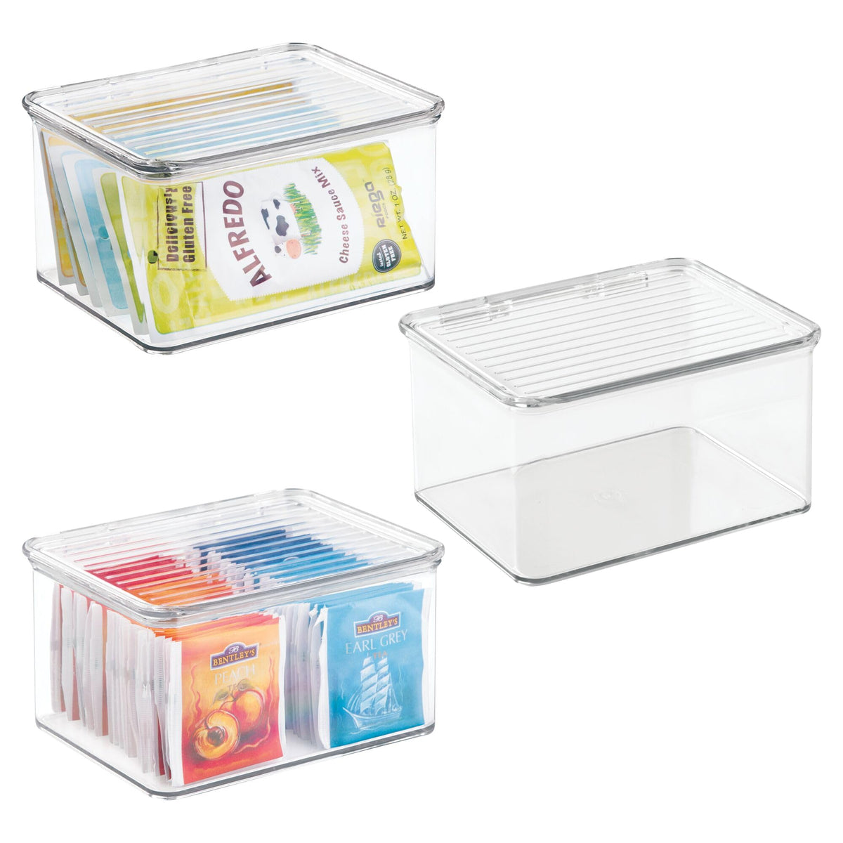 iDesign stackable hinged-lid box in clear plastic for pantry organization