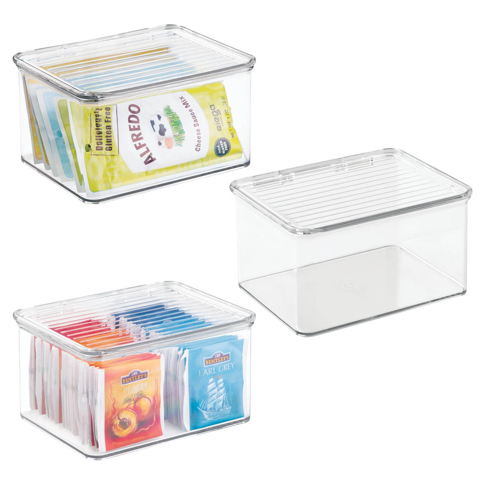 iDesign stackable hinged-lid box in clear plastic for pantry organization