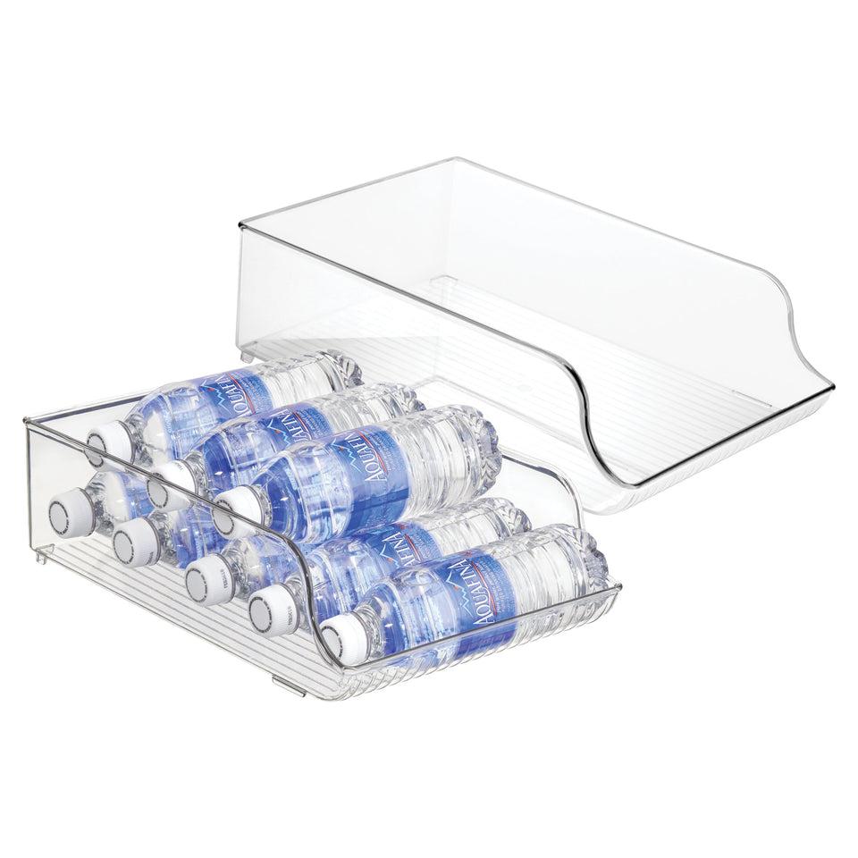 iDesign water bottle organizer in fridge front view with bottles neatly accessible.