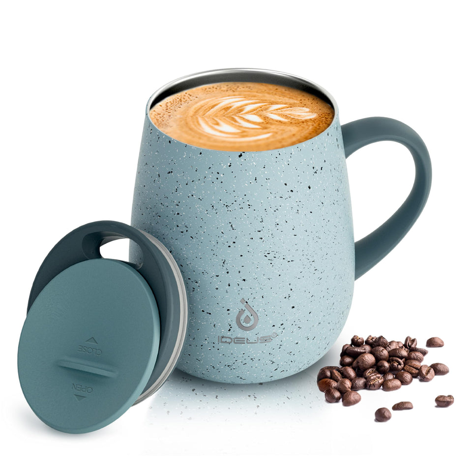 Ideus 16oz insulated coffee mug with handle and lid, ideal for office use and travel.