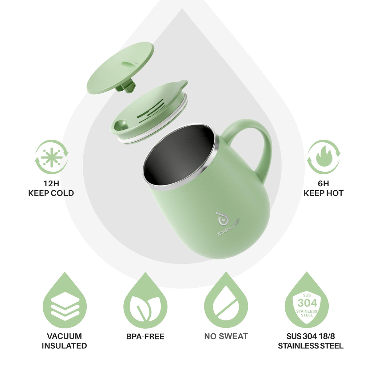 Ideus avocado-green mug with secure lid for spill-safe travel.