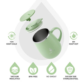 Ideus avocado-green mug with secure lid for spill-safe travel.