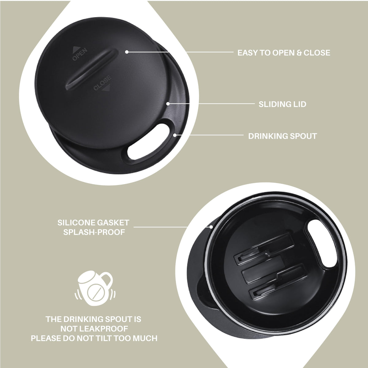 Ideus lid with silicone gasket showing spill-proof sip