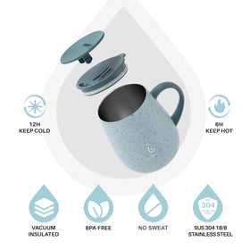 Ideus double-wall stainless steel thermal mug keeps drinks hot or cold.