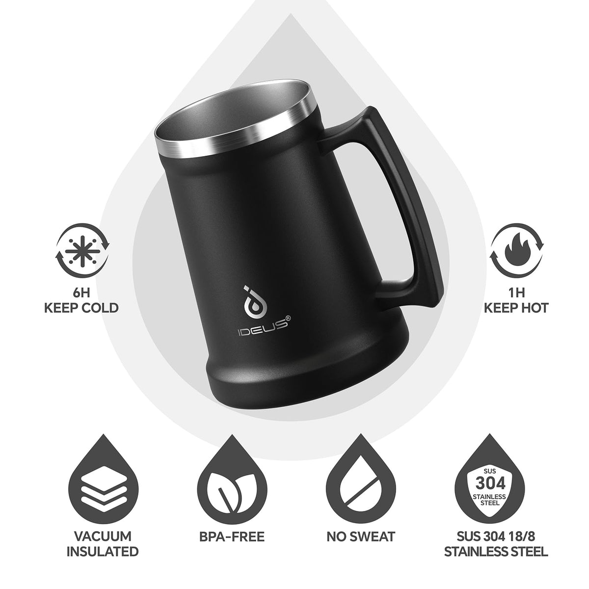Ideus insulated beer Stein 32oz side view highlighting large capacity for sharing
