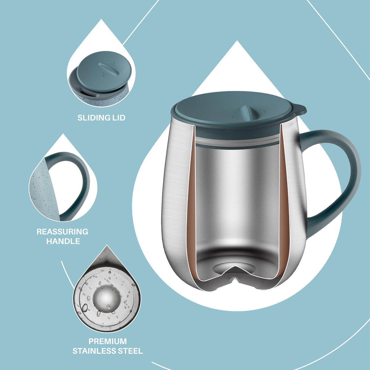 Ideus press-in silicone lid seals to minimize spills and preserve temperature.