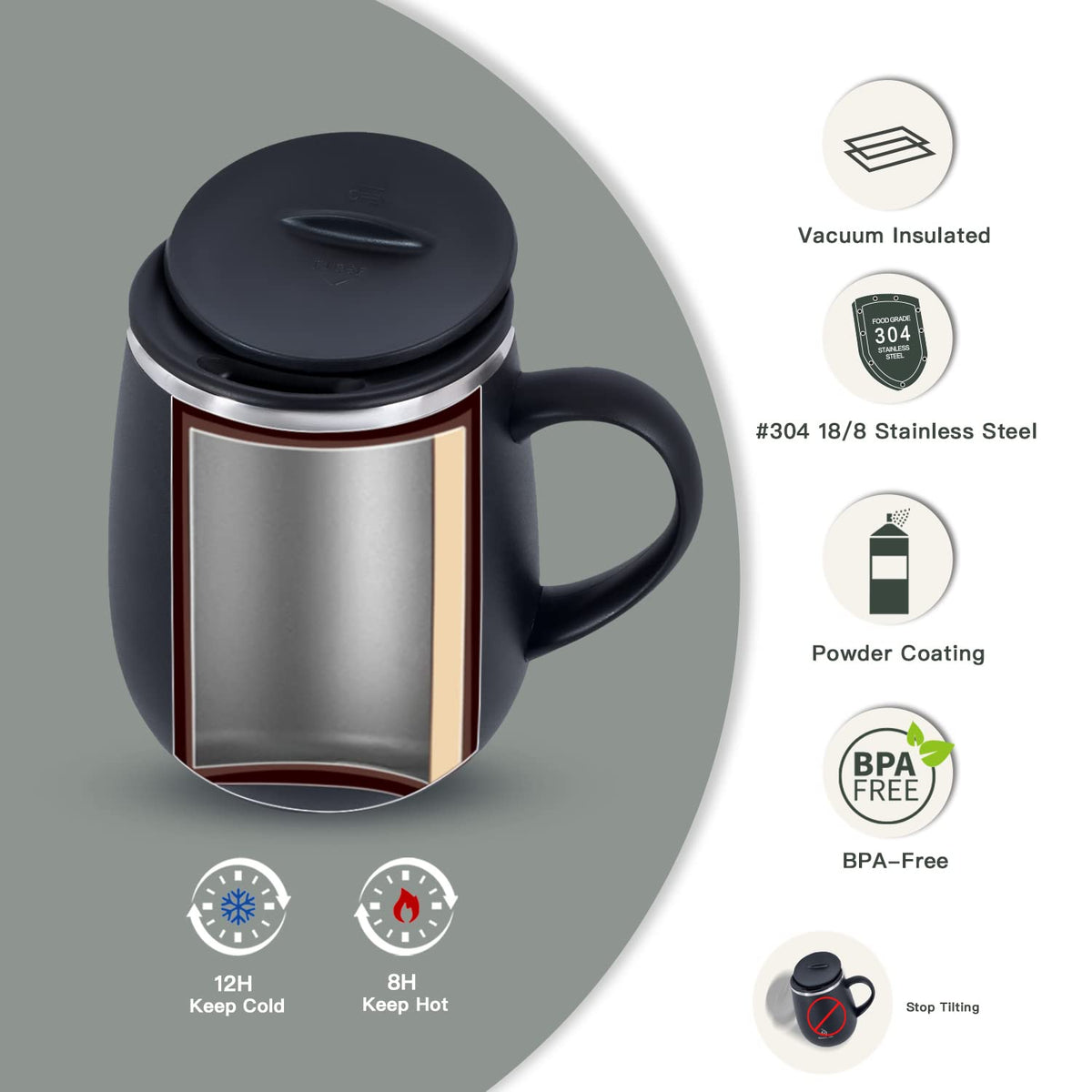 Ideus storm black lid close-up showing splash-proof design for on-the-go sipping.