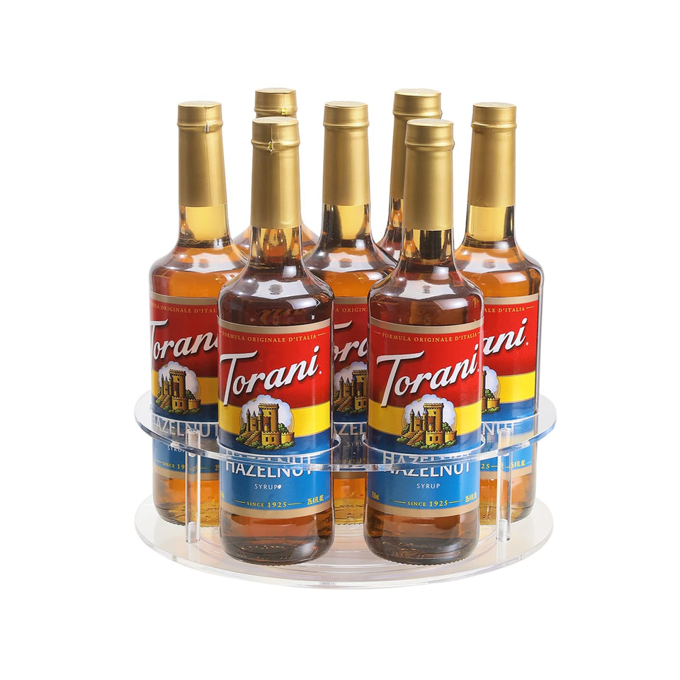 IEEK large rotating syrup organizer with seven bottles for quick access.