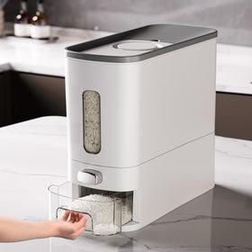 IEEK rice dispenser shows 12 lb capacity with clear view window