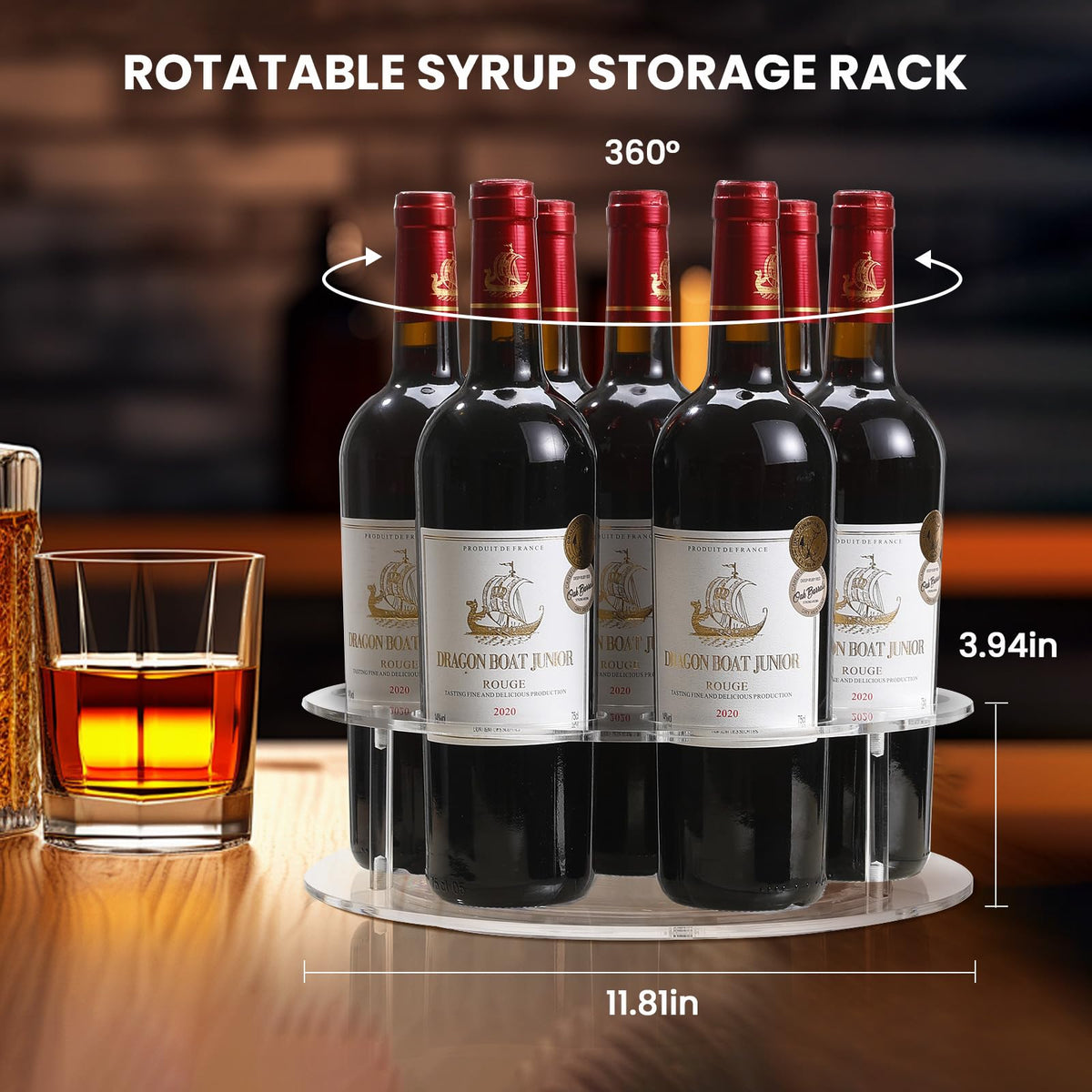Versatile rack holds syrups, oils, vinegars, and spices for easy access.