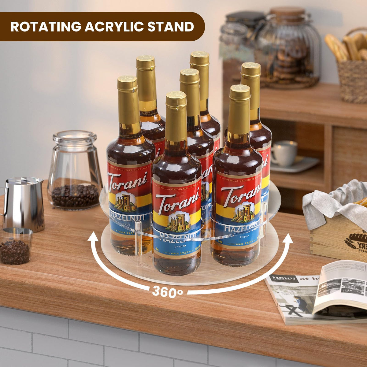 Ideal for wine or liquor bottles on a stylish turntable display.