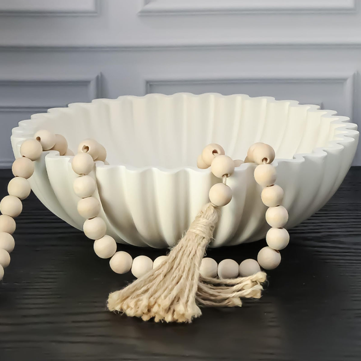 Iemegumi decorative bowl with beads, white, 10-inch centerpiece for stylish organization.