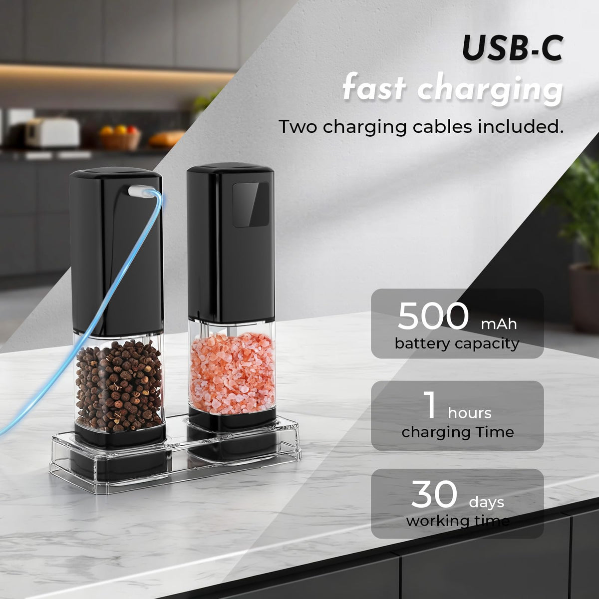IFONPY salt grinder shown with USB-C charging for convenient recharging