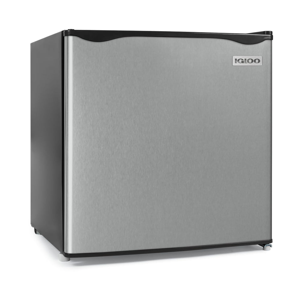 Igloo 1.6 cu ft mini fridge front view showing compact cooling for drinks and snacks.