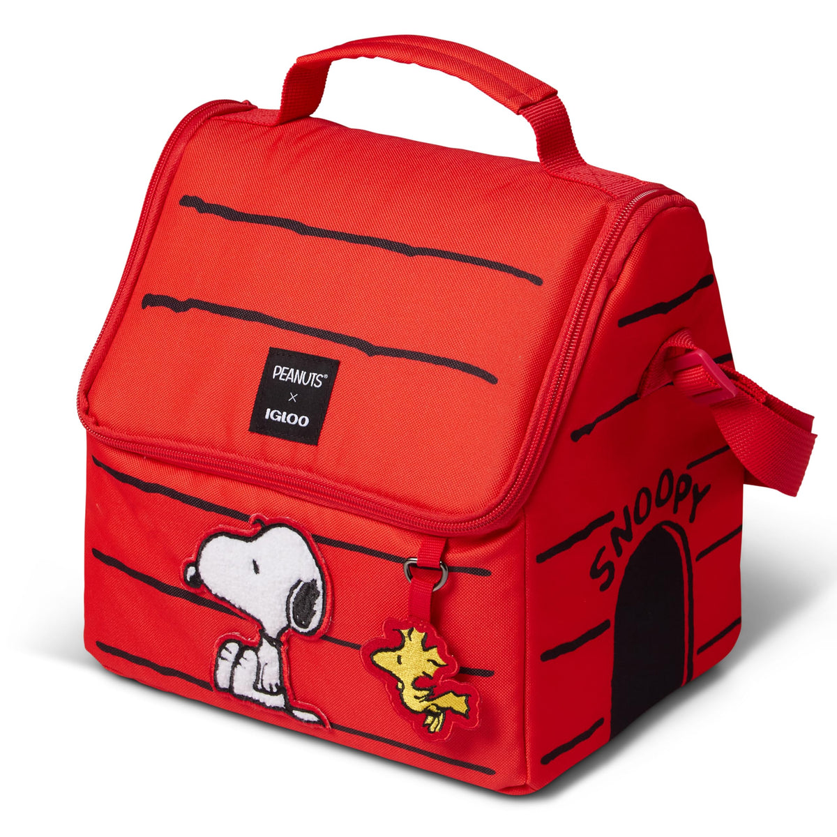 Igloo Snoopy’s House lunch pail front view showing roomy access for quick packing.