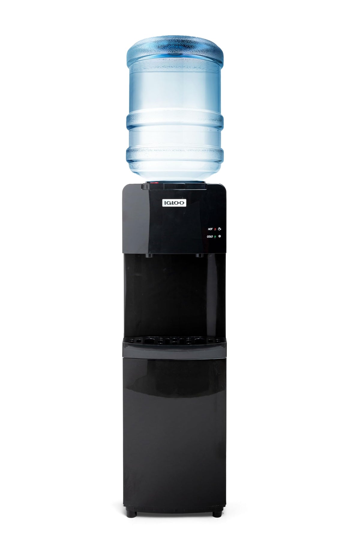 Igloo top loading water cooler front view with dual spouts for hot and cold water ideal for offices