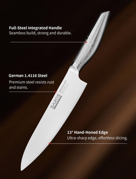 IGNITED CUTLERY all-steel anti-slip handle for a secure grip in busy kitchens.