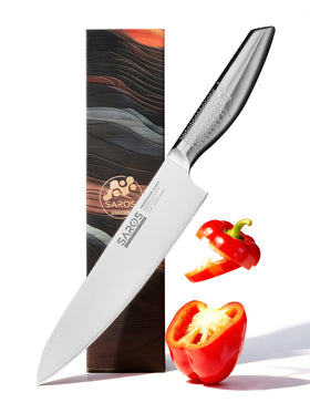 IGNITED CUTLERY 8-inch gyuto blade close-up showing precise edge for clean cuts.