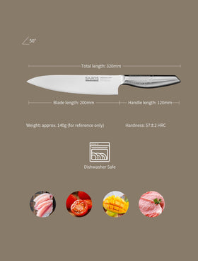 IGNITED CUTLERY versatile kitchen knife in action for meat, fish, and vegetables.