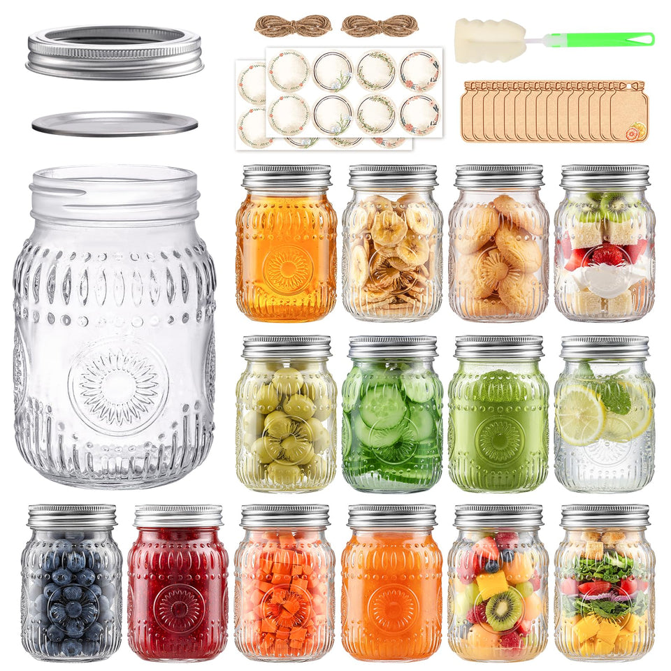igoelove 16oz mason jar with embossed sunflower for decorative pantry storage.