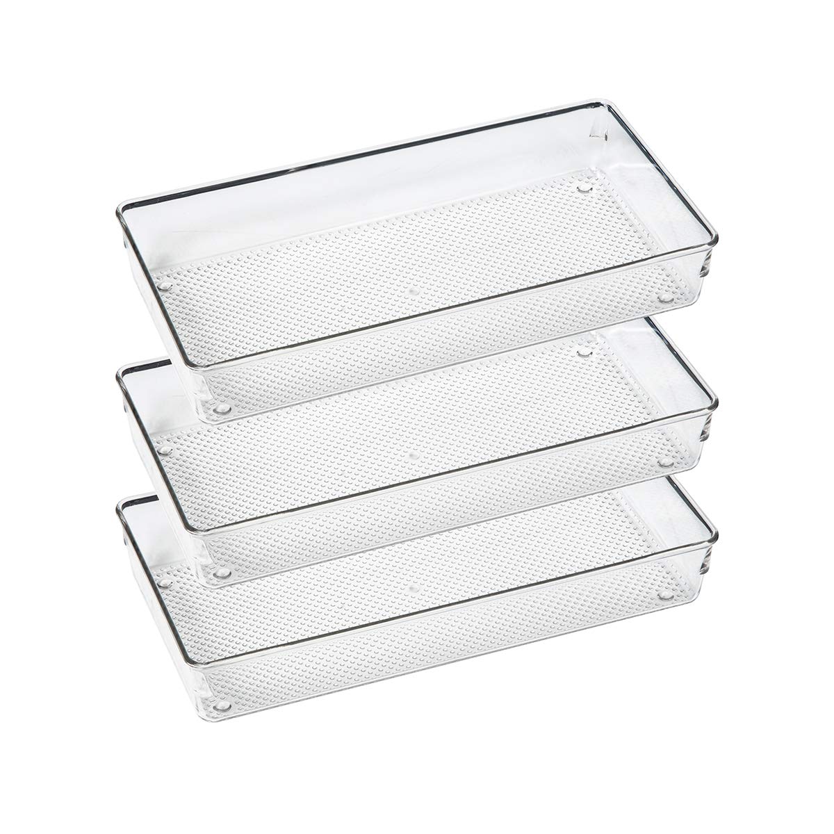 ihomecooker 3-pack clear drawer organizer tray keeps 12x6 spaces neatly organized.