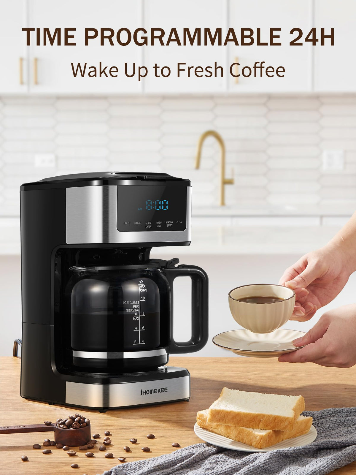 Ihomekee 12-cup glass carafe ready for group servings.