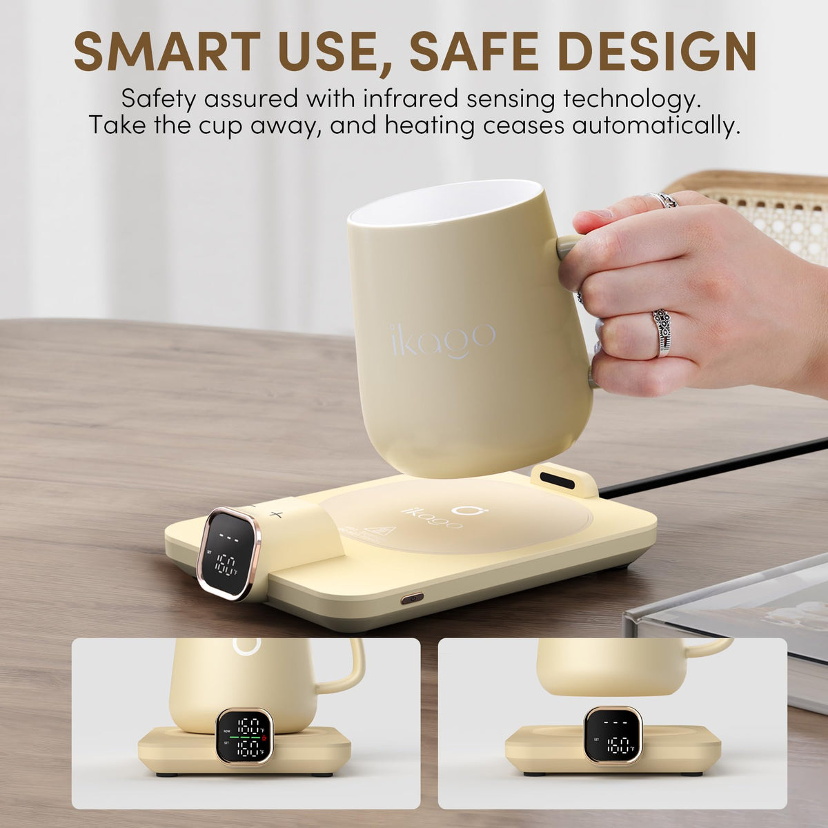 Ikago ceramic 15oz mug with lid enables spill-safe sipping.