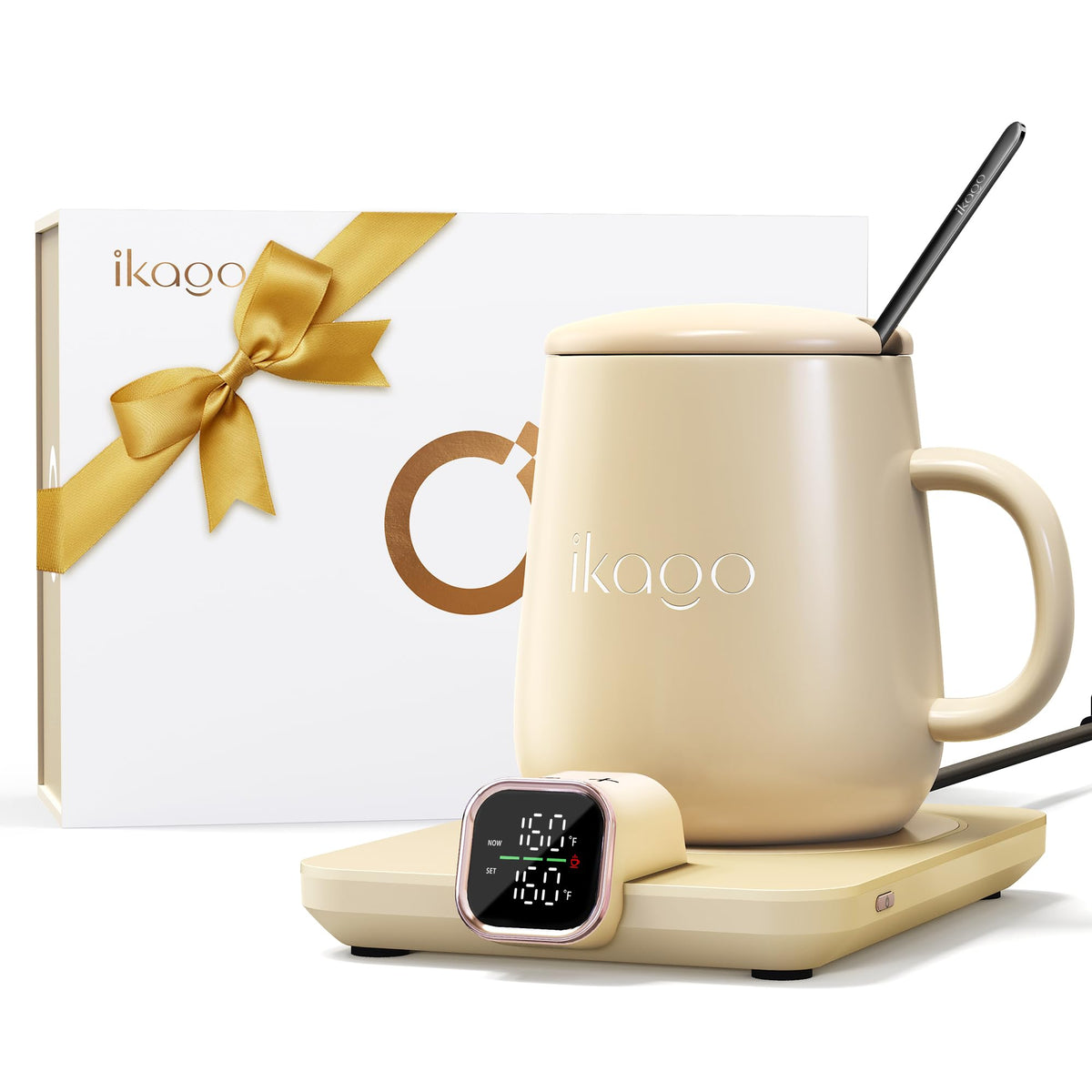 Ikago coffee mug warmer set on a desk offers steady warmth for long work sessions.